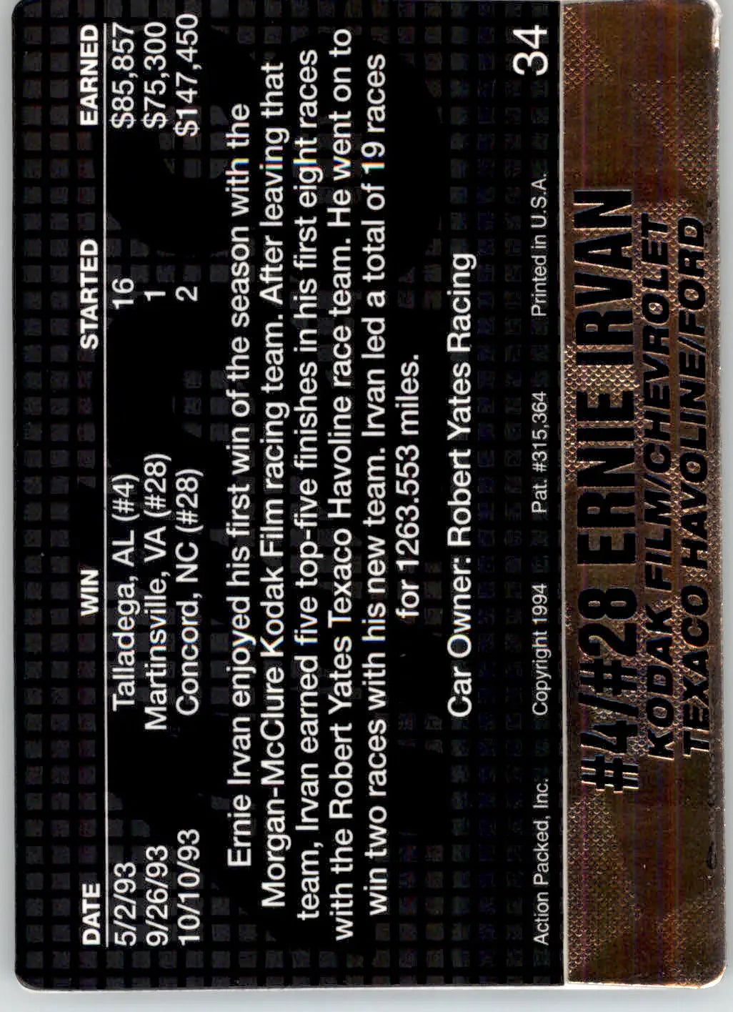 Ernie Irvan - 1994 Action Packed - #34 - Racing - Racing Card Single