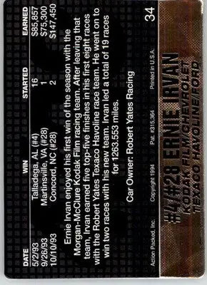 Ernie Irvan - 1994 Action Packed - #34 - Racing - Racing Card Single