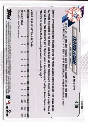 Estevan Florial Rookie 2021 Topps #406a New York Yankees - Baseball Card Single