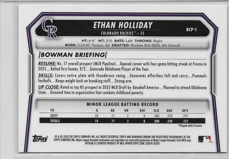 Ethan Holiday 1st Bowman Chrome 1 2026 Bowman BCP-1 Colorado Rockies (1317) - Baseball Card Single