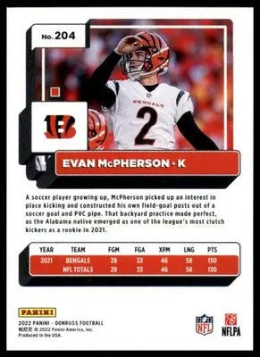 Evan McPherson 2022 Donruss #204 Cincinnati Bengals - Football Card Single