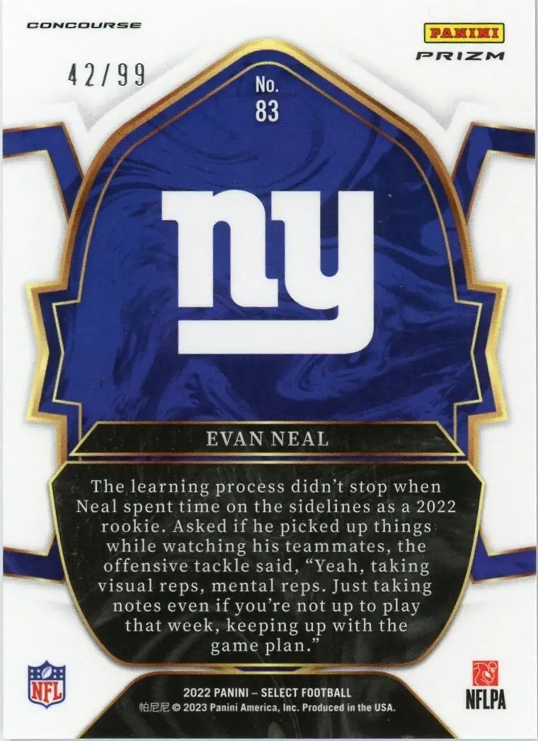 Evan Neal Rookie 2022 Panini Select Concourse Red Prizm /99 #83 New York Giants - Football Card Single