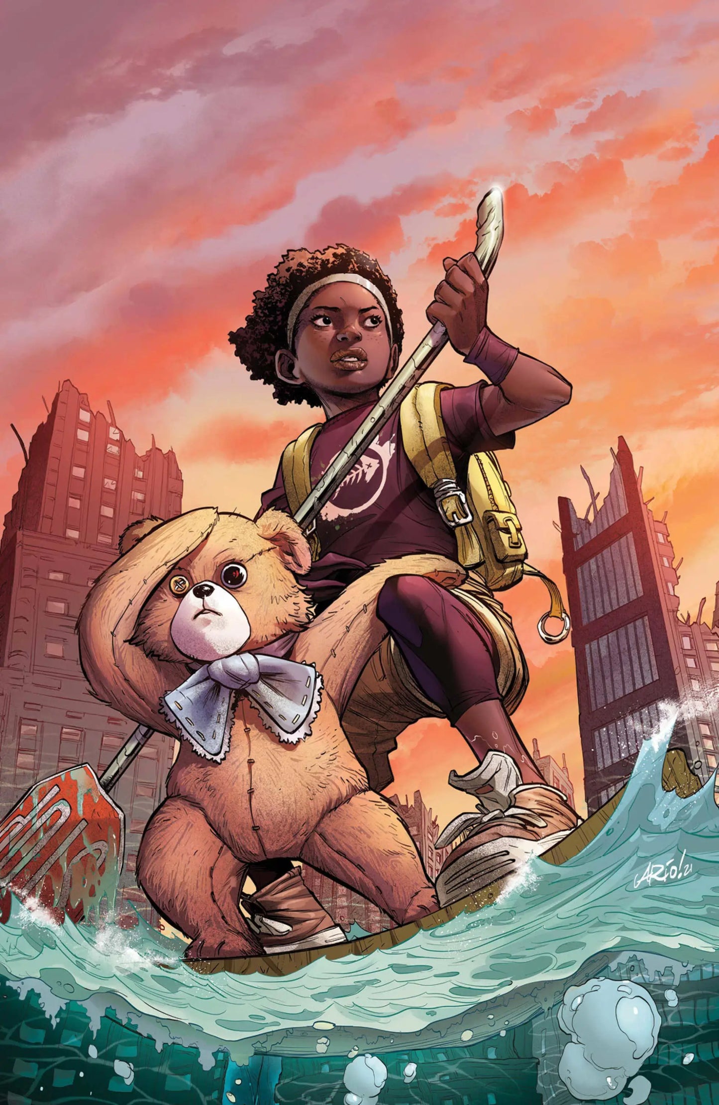 Child and teddy bear navigating flood waters in EVE #1 trading cards artwork