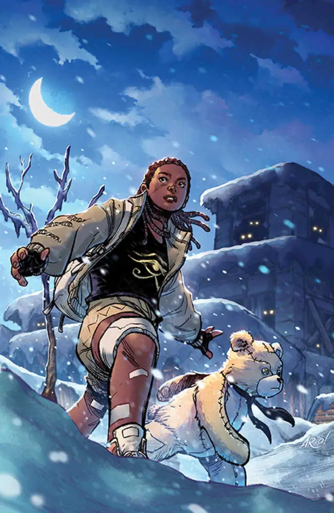 Person riding polar bear-like creature in snowy night for Eve Children Of The Moon trading cards