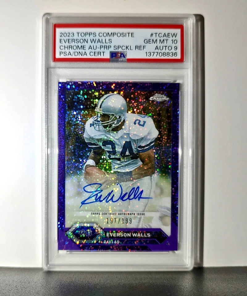 Everson Walls 2023 Topps Chrome Purple Speckle Refractor 197/199 PSA 10 Auto 9 - Football Card Single