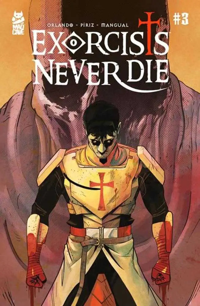 Comic book cover for Exorcists Never Die #3 featuring a figure in yellow armor