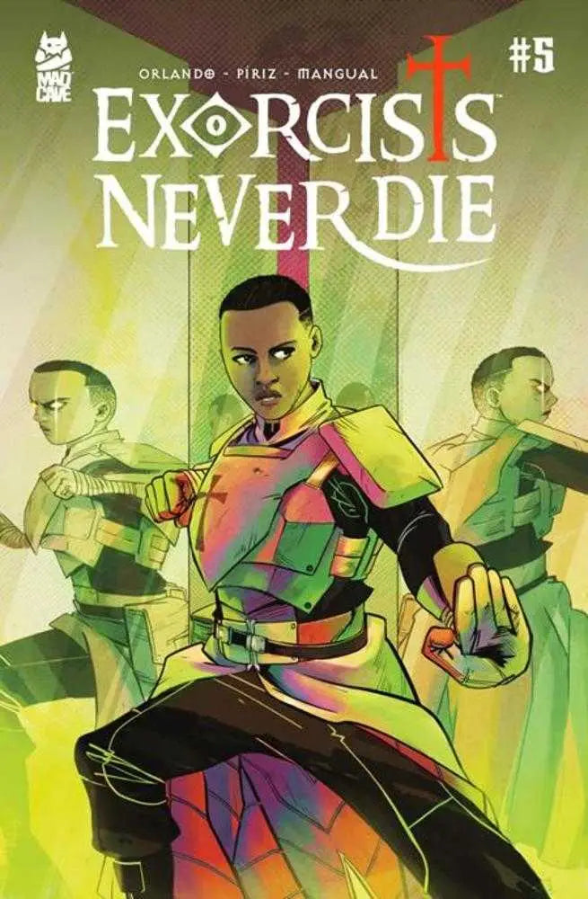 Comic book cover for Exorcists Never Die #5 showcasing colorful combat gear character