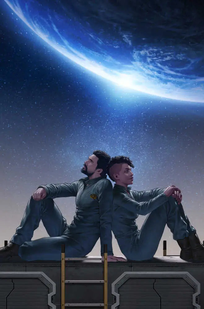 Two people sitting back-to-back on a rooftop, featured in Expanse The Dragon Tooth trading cards