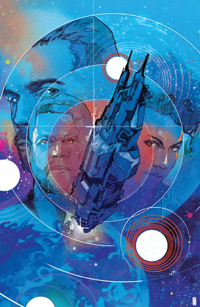 Futuristic spaceship in blue on cosmic backdrop for Expanse The Dragon Tooth trading card