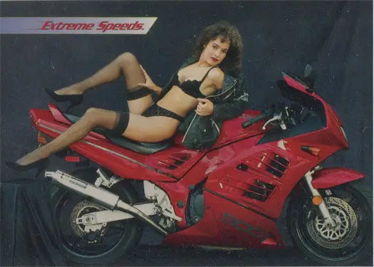 Red sports motorcycle with a woman in lingerie for Extreme Speeds Promo Card P1