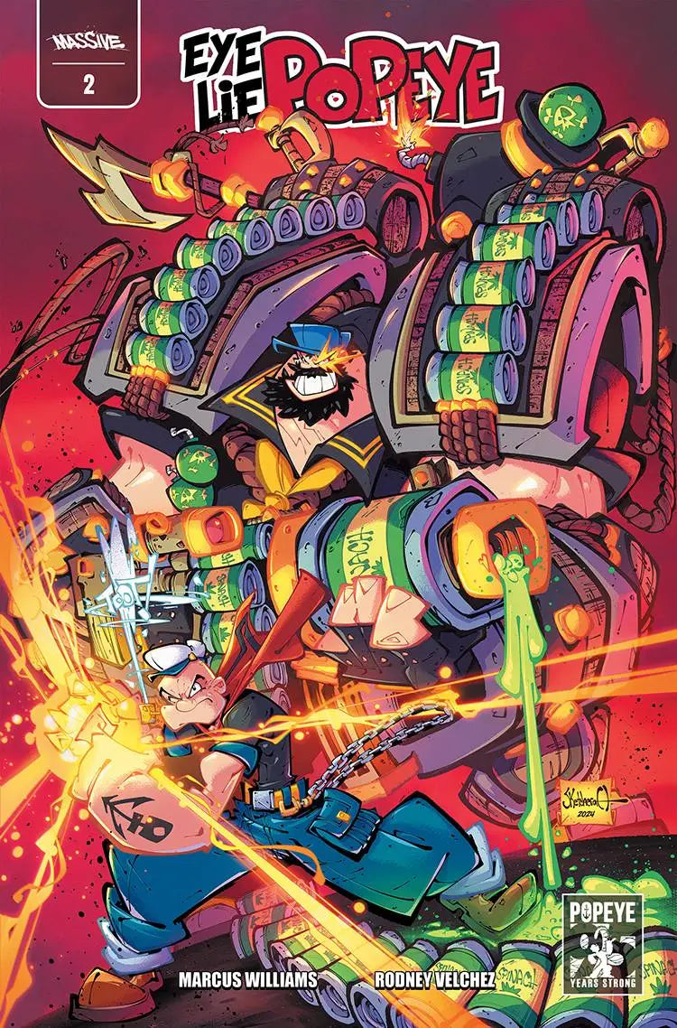Colorful Eye Lie Popeye comic book cover with a mechanical battle suit and laser arms