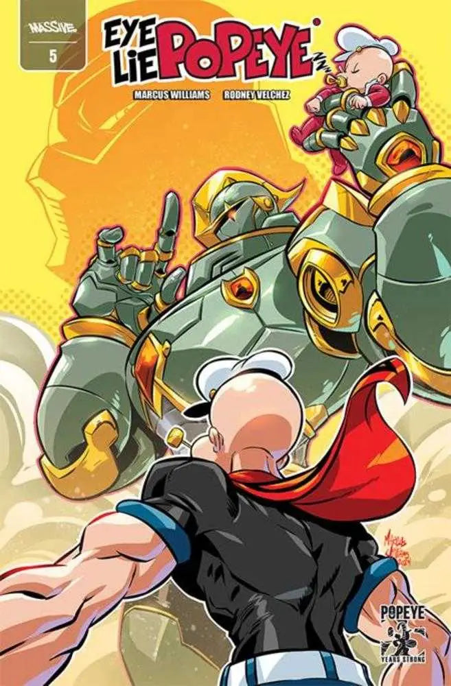 Comic book cover featuring Popeye and a large robot from Eye Lie Popeye by Marcus Williams