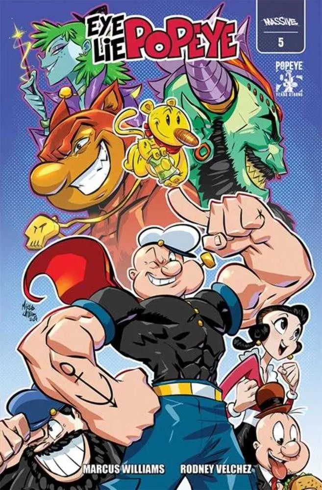 Comic book cover of Eye Lie Popeye #5 with Marcus Williams artwork featuring Popeye and characters