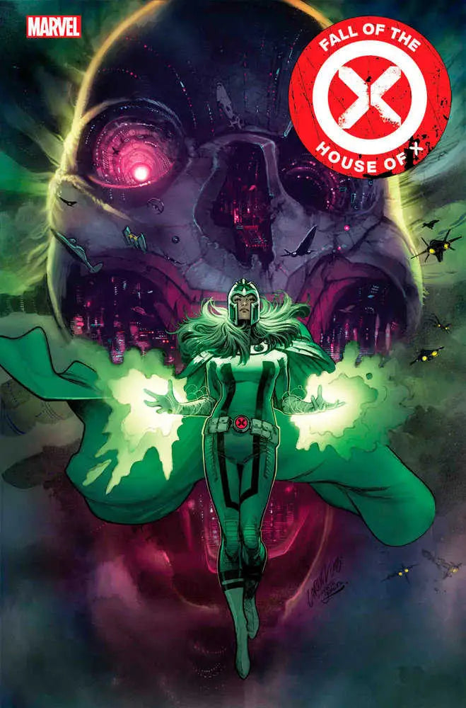 Glowing green figure and dark shape with pink, from Fall Of The House Of X 2 trading cards