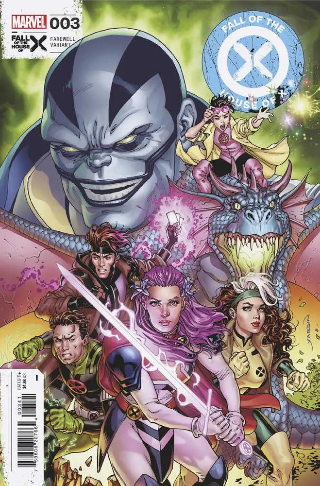 Comic book cover of X-Men with Apocalypse and a dinosaur, Fall Of The House Of X #3 variant