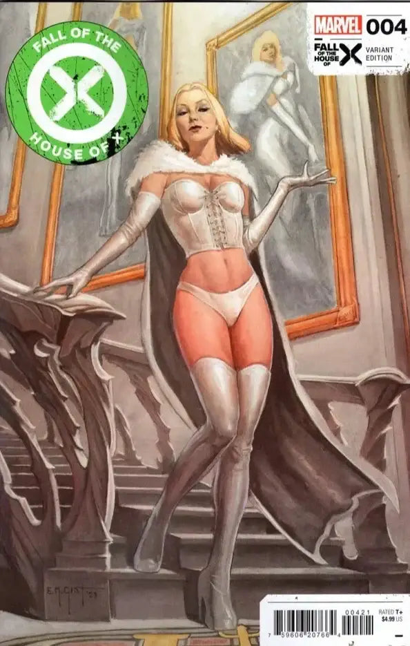 Comic book cover art of female character in white and pink costume for Fall Of The House Of X #4