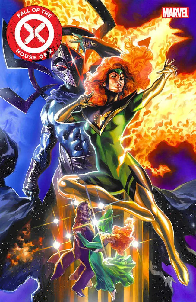 Comic book cover artwork of Phoenix/Jean Grey from Marvel’s X-Men with fire effects