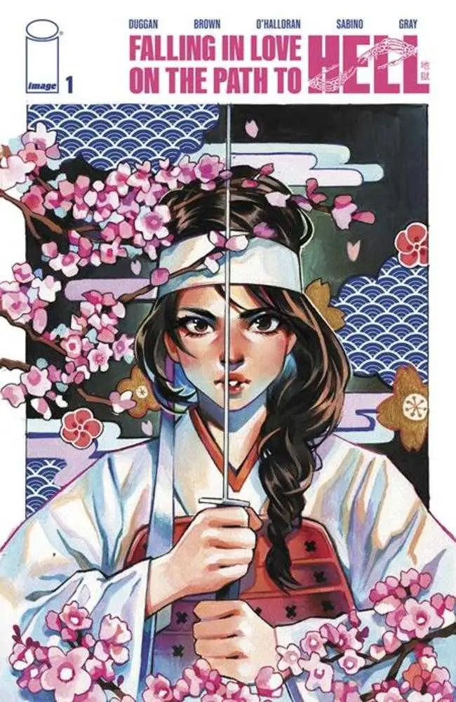Comic book cover of Falling In Love On The Path To Hell #1 with Japanese art and sword character