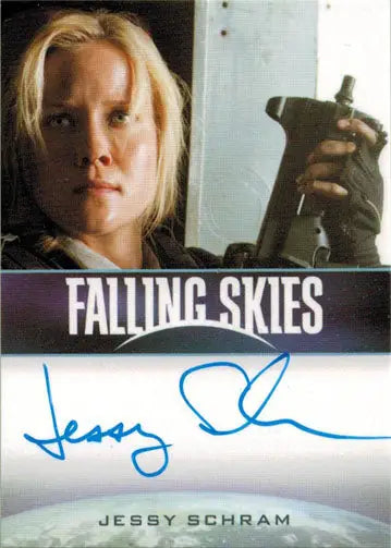 Autograph card of Jessy Schram as Karen Nadler holding a gun from Falling Skies