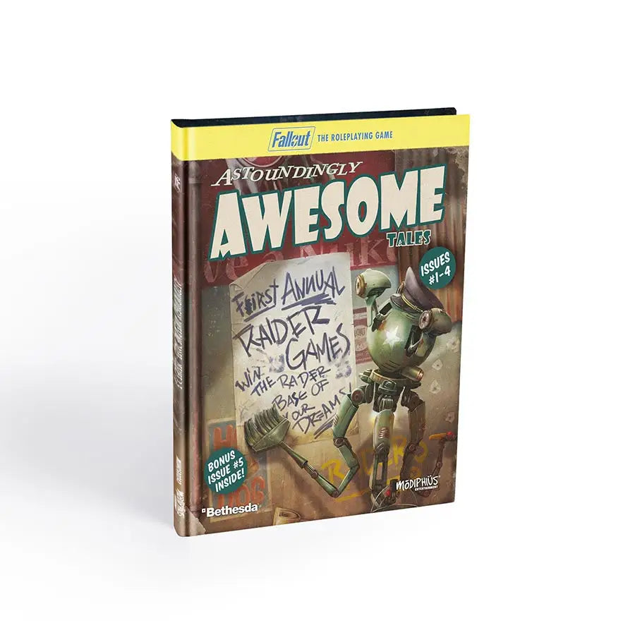 Retro-futuristic Fallout RPG book with comic cover from Astoundingly Awesome Tales series