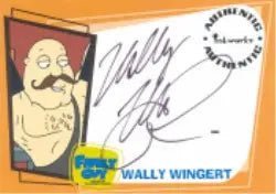 Cartoon-style drawing of Wally Wingert on a Family Guy autographed trading card