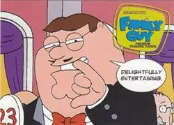 Cartoon character with skeptical expression in suit on Family Guy Internet Exclusive promo card