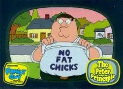 Cartoon character in No Fat Chicks shirt on Peter Principle Case Topper Loader Card