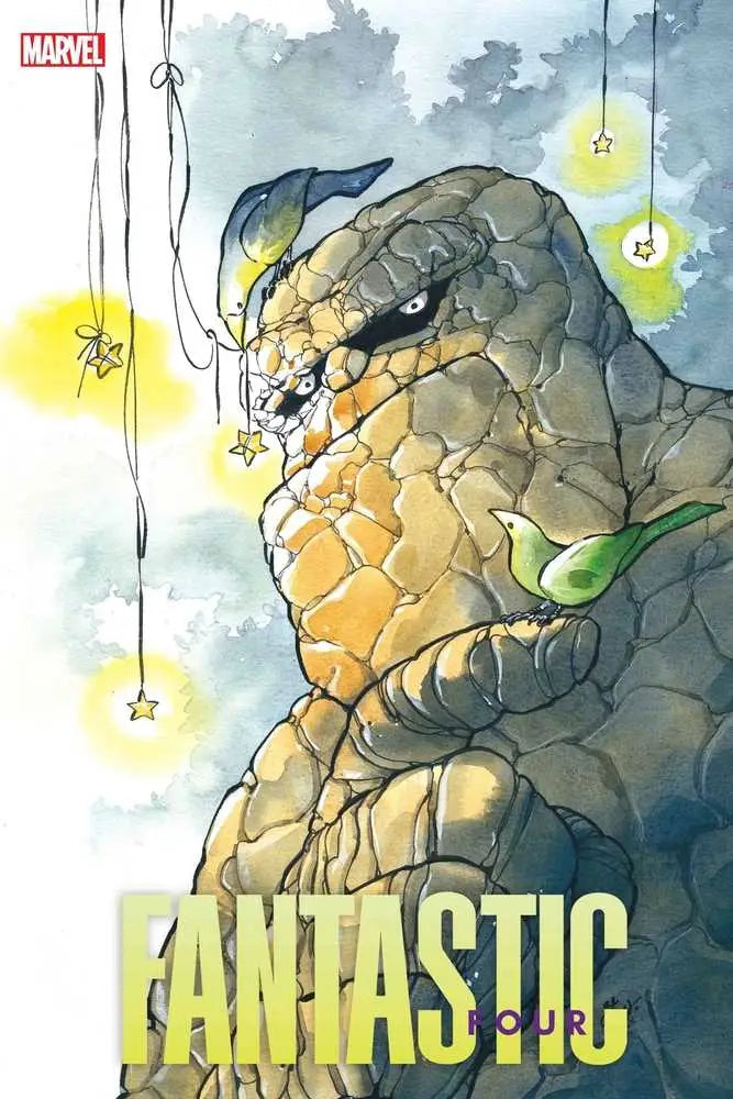 Rocky-textured creature with orange face gazes at stars in Fantastic Four trading cards
