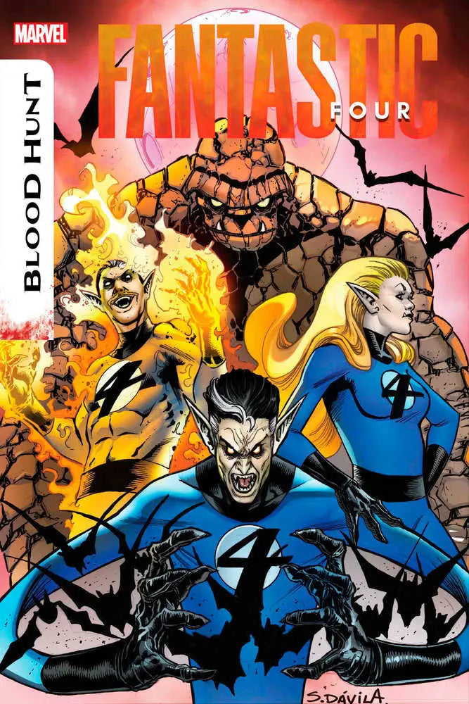 Comic book cover of Fantastic Four in action for Blood Hunt tie-in, variant by Sergio Davila