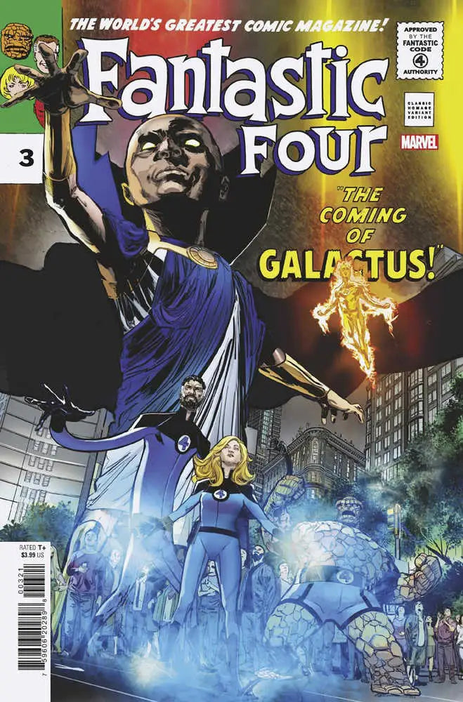 Comic book cover of Fantastic Four #3 with Galactus, Human Torch, and vibrant lighting effects