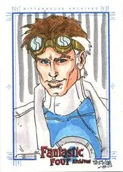 Hand-drawn Tess Fowler Reed Richards Fantastic Four Archives sketch card featuring a male character with goggles