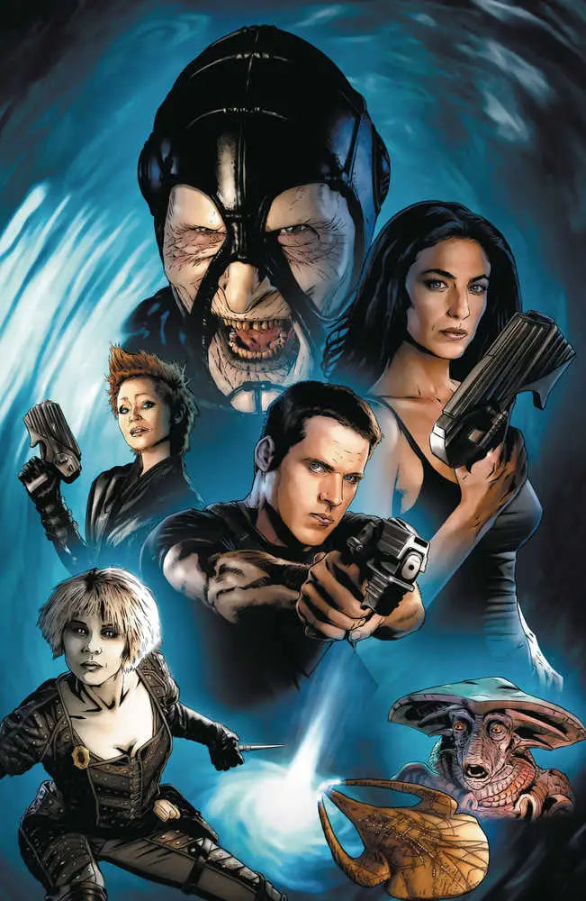 Movie poster artwork of action heroes and villains for Farscape Archive Edition #1