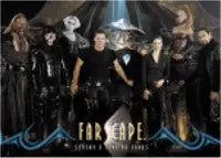 Group portrait of Farscape characters in black clothing on trading card promo