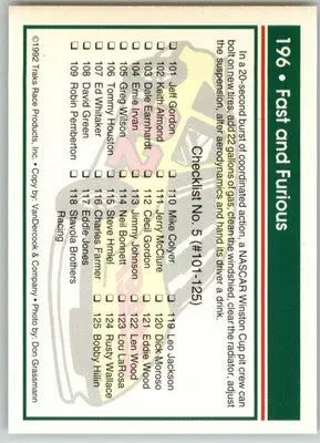 Fast and Furious - 1992 Traks - #196 - Racing - Racing Card Single