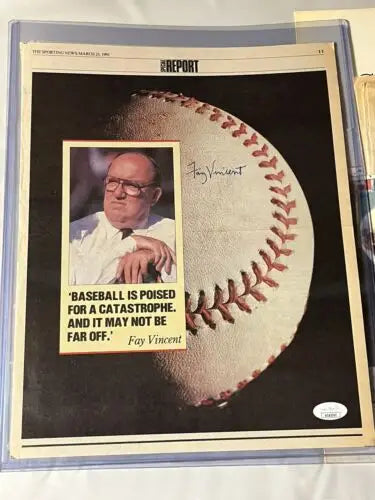Signed Fay Vincent Auto MLB The Sporting News March 25 1991 magazine cover display