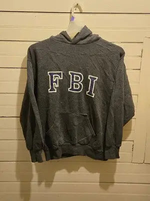 FBI Hoodie Mens M Dark Gray Pullover Sweatshirt Applique Letters Kangaroo Pocket - Apparel
