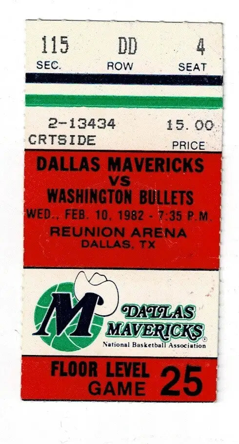 Feb 10 1982 Dallas Mavericks v Washington Bullets Ticket Stub NBA Reunion Arena - Sports Memorabilia
