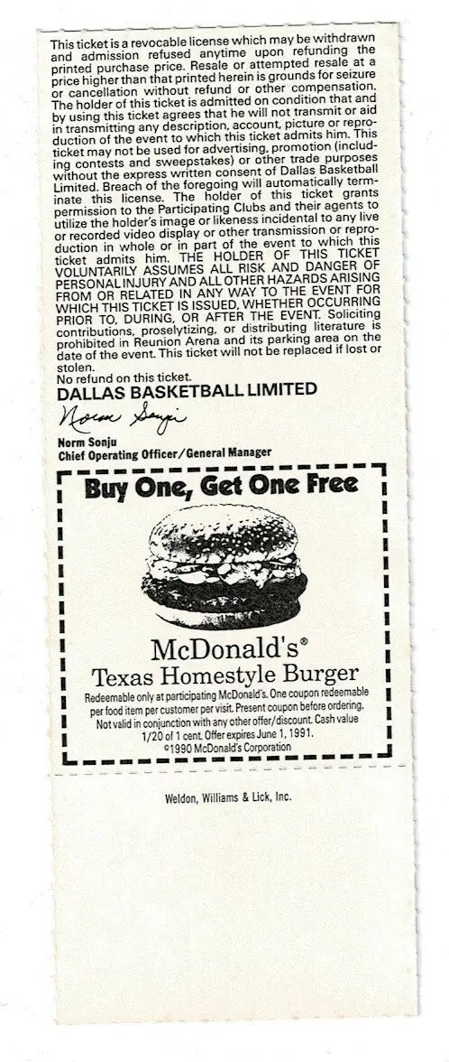 Feb 21 1991 Dallas Mavericks v Los Angeles Lakers Ticket NBA Final West Champion - Sports Memorabilia