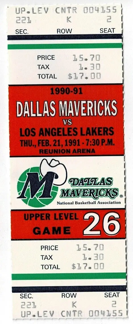 Feb 21 1991 Dallas Mavericks v Los Angeles Lakers Ticket NBA Final West Champion - Sports Memorabilia