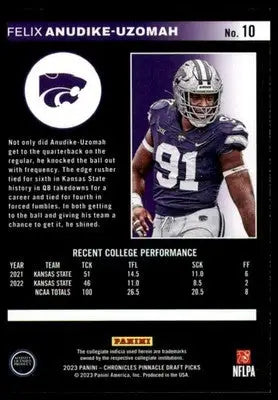 Felix Anudike-Uzomah 2023 Panini Chronicles Draft Pinnacle #10 Kansas St - Football Card Single