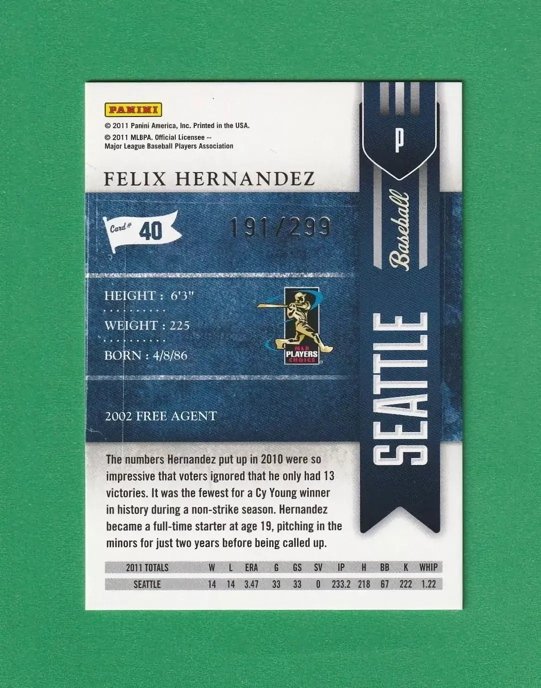 FELIX HERNANDEZ 2011 Playoff Contenders Crystal #40 Seattle Mariners Panini #/299 MLB - Baseball Card Single