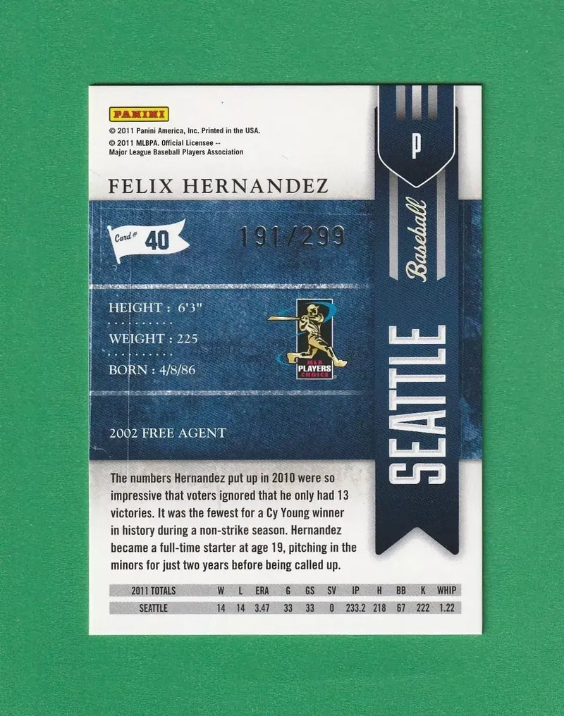 FELIX HERNANDEZ 2011 Playoff Contenders Crystal #40 Seattle Mariners Panini #/299 MLB - Baseball Card Single