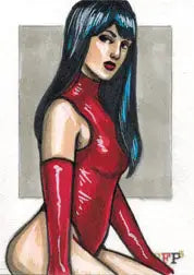 Stylized illustration of a woman with blue hair in a red latex outfit on sketch card by Ashleigh Popplewell