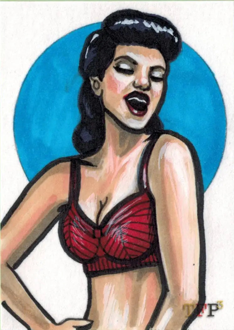 Painted portrait of a woman singing in red bra on Ashleigh Popplewell sketch card