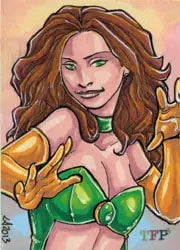 Illustration of a woman in a green and gold superhero costume on a Lynne Anderson sketch card