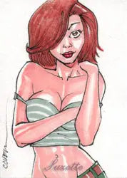 Cartoon-style sketch card of a woman with red hair in a green top by Roy Cover