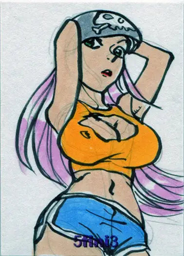 Stylized cartoon woman with purple hair in orange top and blue shorts, Female Persuasion trading card