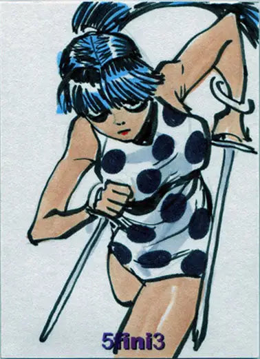 Cartoon drawing of a woman with blue hair in polka dots holding a sword for Female Persuasion trading cards