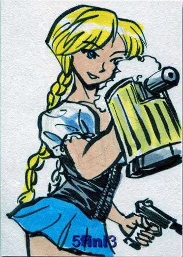 Cartoon blonde woman in blue outfit with beer stein and gun for Female Persuasion Trading Cards