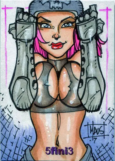 Stylized cartoon of pink-haired woman in robotic outfit from Female Persuasion Trading Cards